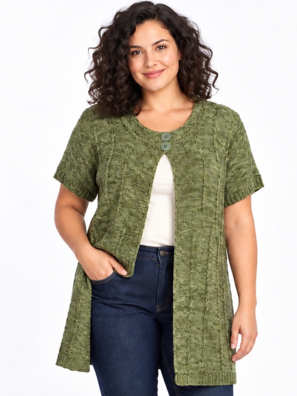 New Directions Olive Green Textured Knit Short Sleeve Long Cardigan XL